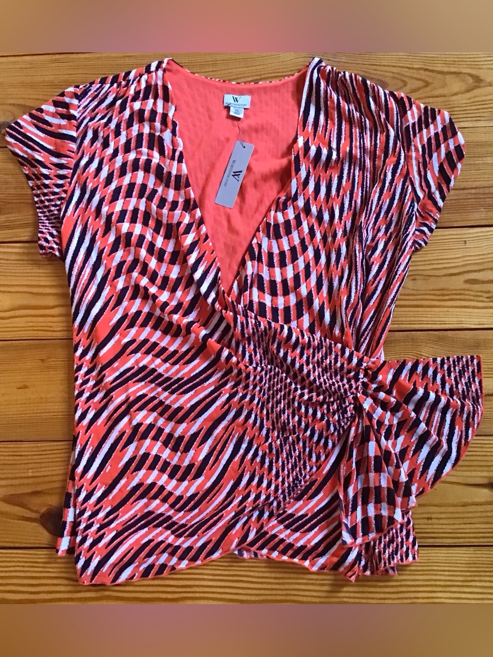 Worthington Orange & Black Striped Wrap Top with Ruched Waist Plunging Neckline